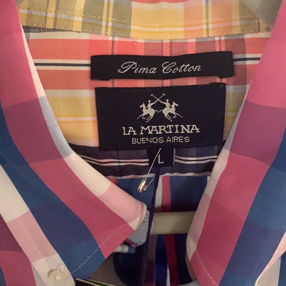 NWT La Martina Pima Cotton Pink and Blue Checkered Casual Button Down - Picture 5 of 5